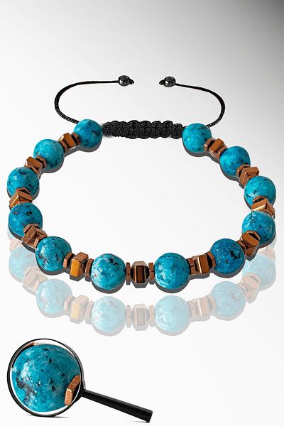 Tesbih Atölyesi Certified Natural Raw Apatite Stone Bracelet with Hematite - Adjustable