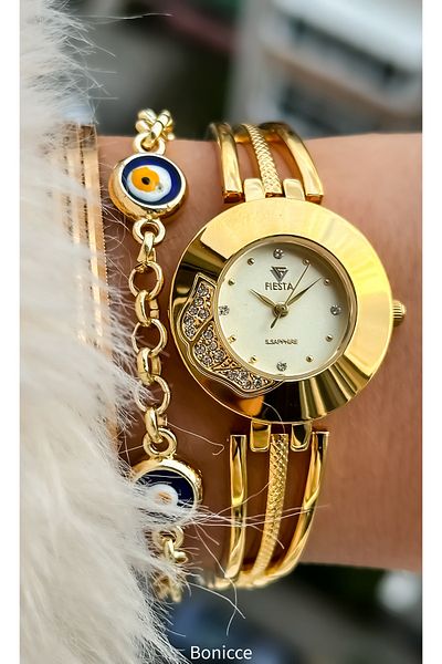 Fiesta Gold Yellow Steel Strap Bridal, Engagement, Wedding Small Case Wristwatch