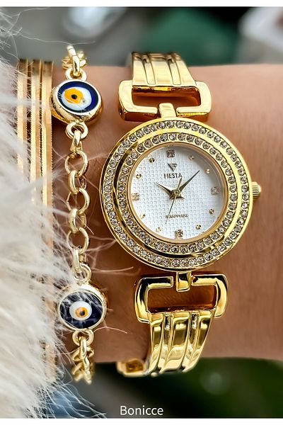 Fiesta Gold Yellow Steel Handcuff Cord Bridal, Engagement, Wedding Wristwatch