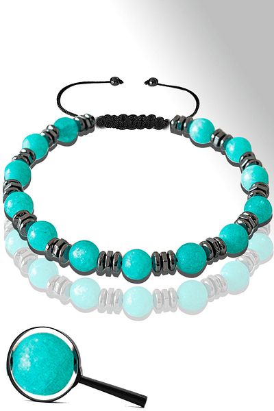 Tesbih Atölyesi Certified Natural Raw Blue Agate Stone Bracelet with Hematite - Adjustable