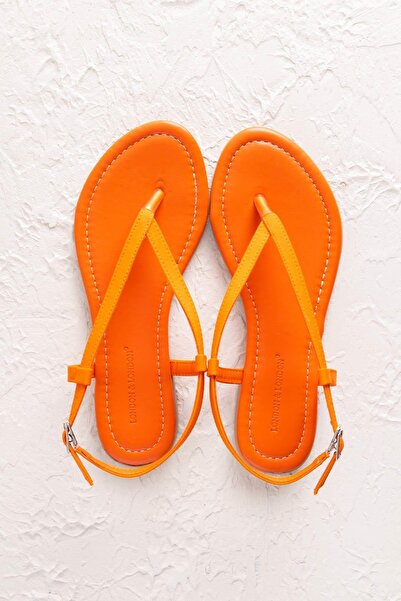 Getcho Lines Women's Orange Flip Flops Sandals Flat Sole Summer Casual Shoes Thin Strap Daily Model