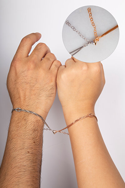 klas gümüş GÜMÜŞ KADER DÜĞÜMÜ KALP MIKNATISLI RODAJ/ROSE ÇİFT BİLEKLİK