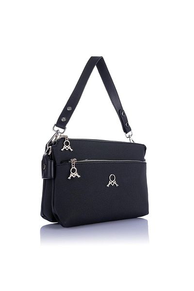 Getcho Tlea Women's Black Double Compartment Shoulder Bag Zippered Outer Pocket Adjustable Strap Daily Use