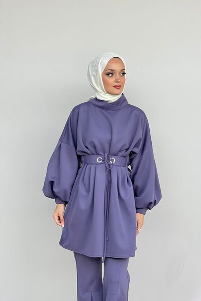 Garzia İtalia Waist Pleated Lace-up Tunic Front Slit Spanish Leg Scuba Pants Set