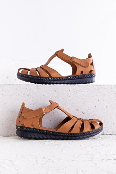 Getcho Janel Closed Toe Tan Women's Genuine Leather Sandals – Ankle Adjustable, Non-Slip Sole Sandals