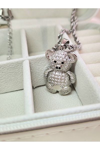 Eva Takı Teddy Bear Figured Zircon Stone Twist Chain Steel Silver Colored Necklace