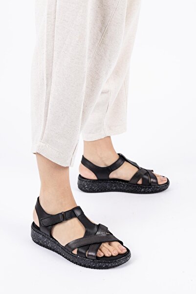 Getcho Edge Women's Genuine Leather Black Sandals – Orthopedic Sole, Velcro Ankle Strap, Daily Use