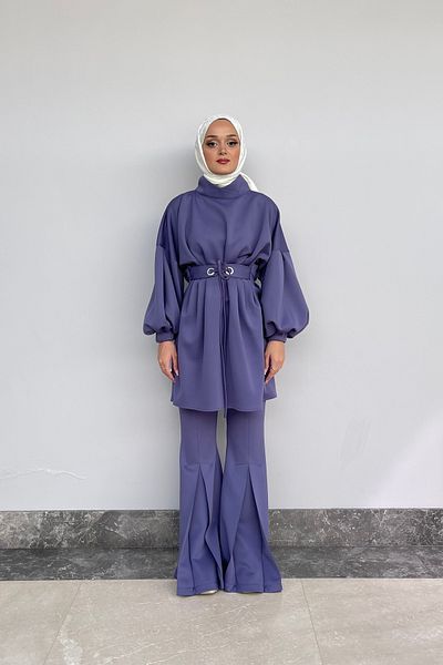 Garzia İtalia Waist Pleated Lace-up Tunic Front Slit Spanish Leg Scuba Pants Set