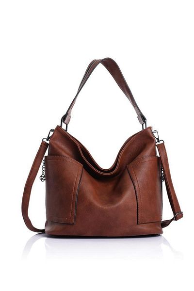 Getcho Argolis Soft Leather Large Volume Zippered Double Pocket Detailed Daily Strap Brown Women's Shoulder Bag