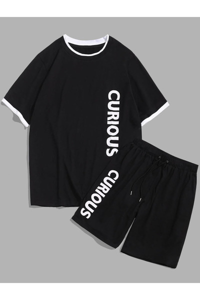 trendgar Costum unisex, alb, cu tupeu, cu imprimeu curios, pantaloni scurți n...