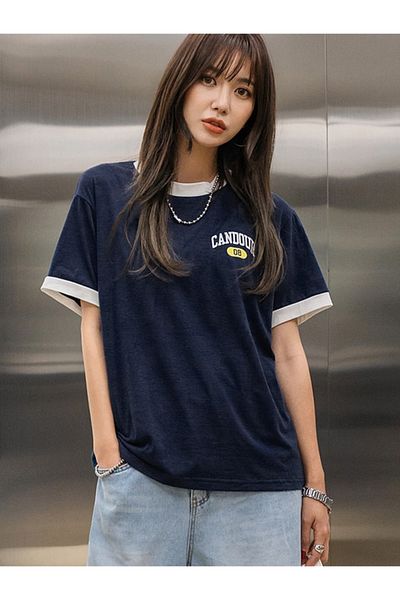 trendgar Λευκό Rebana Λεπτομερές μπλουζάκι 08 εμπριμέ Navy Blue Oversize