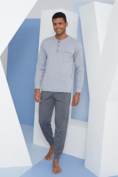 KLY Set pijama bărbați cu mânecă lungă, guler midi, gri Melange C9T2N4O4