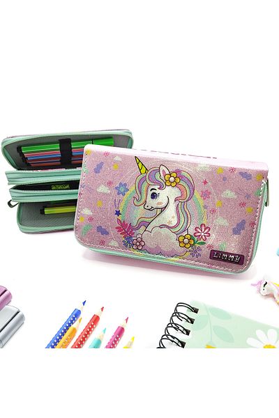 Limmy Glitter Sparkly Spring Unicorn Μολυβοθήκη Vegan Δερμάτινη θήκη για στυλό τριών διαμερισμάτων - Πράσινη