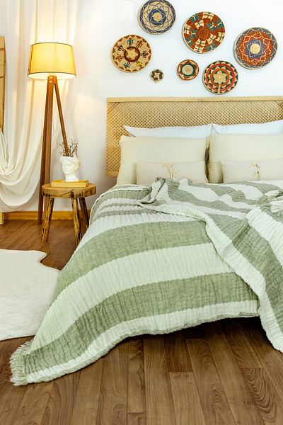 destinyhometex Калъф за легло и диван Sage Green, 6 слоя, многослоен, от органичен муселин и лен, 230x250