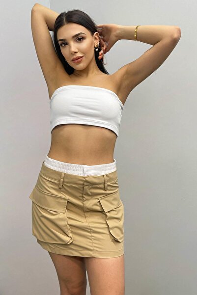 ZEYWEAR Kargo Cepli Beli Lastik Detay Mini Etek