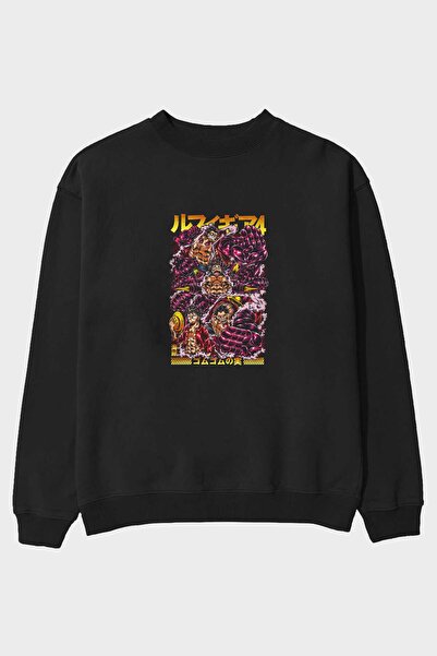 Ankhises MONKEY D. LUFFY (2) Anime Front Štampano Crna Oversize kroj Dukseric...