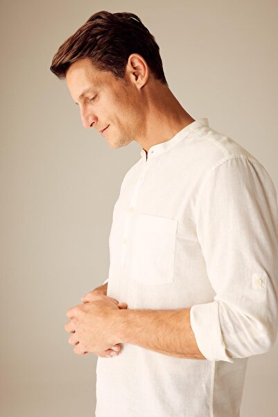 DeFacto Slim Fit Slim Fit Stand Collar Long Sleeve Linen Blended Shirt U8570Az23Sm