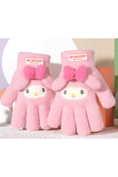 Petityu pembe örme yumuşacık sıcacık eldiven pembe kulak fiyonk 3-8 yaş