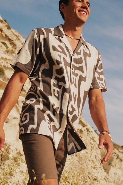 DeFacto قميص منقوش بأكمام قصيرة وياقة عادية من الكتان Z5281az23sm