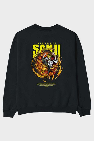 Ankhises Vinsmoke Sanji Hanorac supradimensionat negru cu imprimeu pe spate, bărbați, femei, cu gât crepus