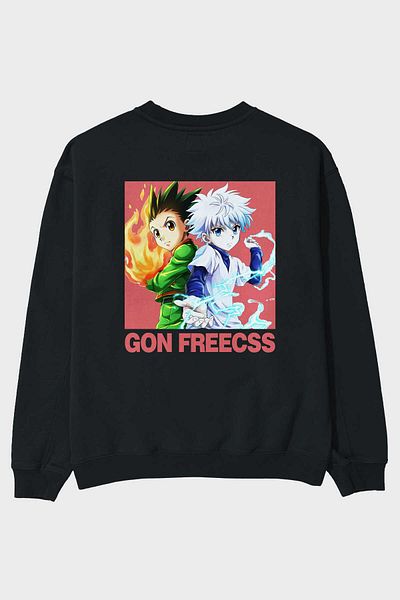 Ankhises Gon Freecss HUNTER X HUNTER 4 Hanorac negru supradimensionat cu imprimeu pe spate pentru bărbați, femei, cu gât crew