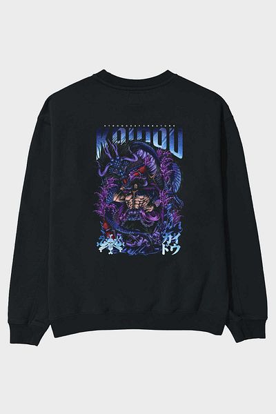 Ankhises KAIDOU ONE PIECE Hanorac supradimensionat negru cu imprimeu pe spate, bărbați, femei, cu gât crepus