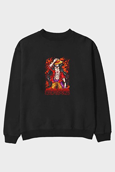Ankhises MONKEY D. LUFFY (3) Anime Front Štampano Crna Oversize kroj Dukseric...
