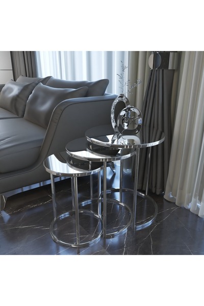 Puklife Ceylin 3lü Zigon Sehpa Gümüş Renk Metal Ayak, Düz Ayna