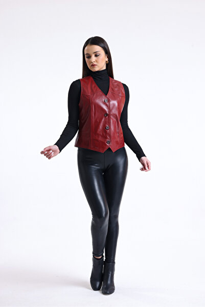 LİDYA DERİ Hakiki Deri Düğmeli Kadın Deri Yelek