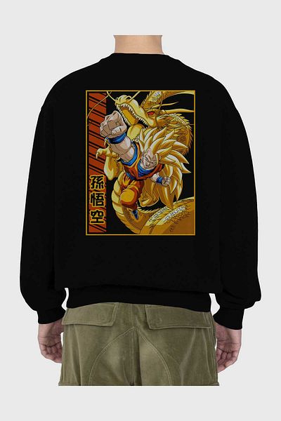 Ankhises Hanorac oversize negru cu imprimeu pe spate DragonBall Goku Anime Bărbați Gâtul turnat pentru femei