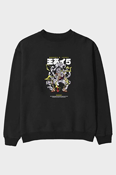 Ankhises Monkey D. Luffy GEAR5 1 Anime Front Štampano Crna Oversize kroj Duks...