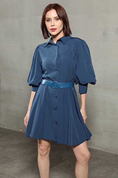 GİYSA فستان نسائي من تيريكوتون بأكمام بالونية وحزام