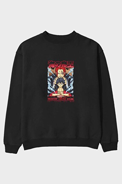 Ankhises MONKEY D. LUFF i SHANKS Anime Front Štampano Crna Oversize kroj Duks...