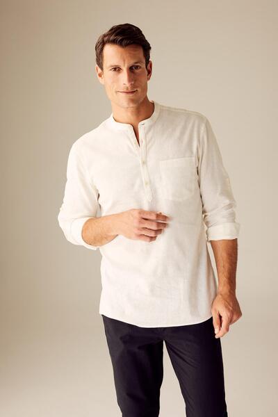 DeFacto Slim Fit Slim Fit Stand Collar Long Sleeve Linen Blended Shirt U8570Az23Sm