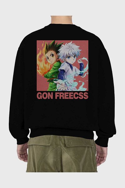 Ankhises Gon Freecss HUNTER X HUNTER 4 Hanorac negru supradimensionat cu imprimeu pe spate pentru bărbați, femei, cu gât crew