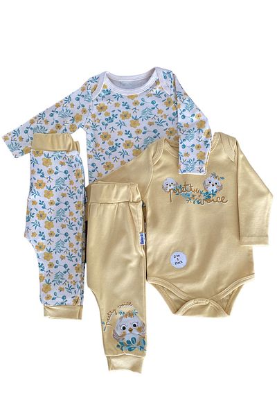 Miniworld Baby Girl Bird Flower Patterned 4-Piece Top-Bottom Set