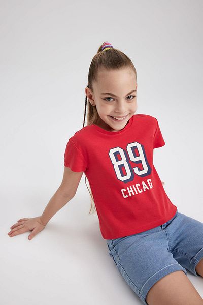 DeFacto Girl's Slim Fit Ribbed Printed Short Sleeve T-Shirt Z7793a623sm