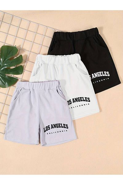 Machetta Children's Set of 3 Printed Plain Summer Short Shorts - Casual Short Shorts