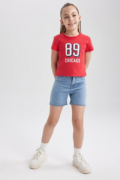 DeFacto Girl's Slim Fit Ribbed Printed Short Sleeve T-Shirt Z7793a623sm