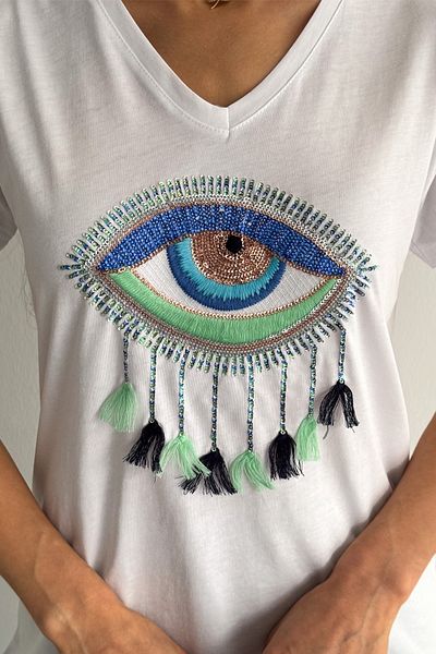 FEMELLE Women's White V-Neck Eye Sequin Sequin Embroidered Tassel 100% Cotton T-Shirt