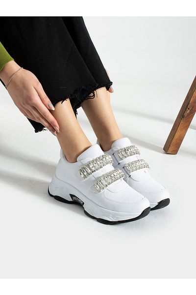 Alemdar Shoes BONITA White Velcro Stone Detail Women's Sneakers