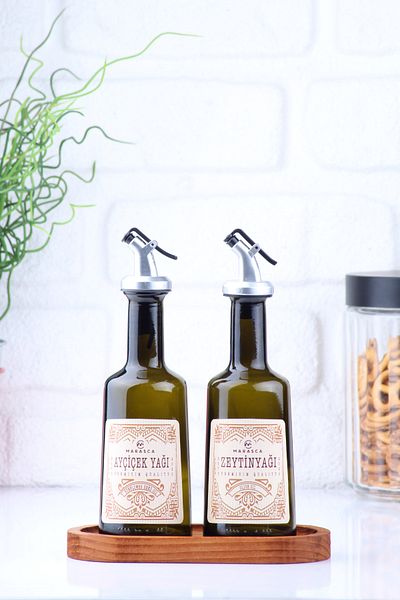 incili home Marasca Wooden Stand 2-Piece 250 ml Sunflower Oil and Olive Oil Silver Head Glass Bottle Set