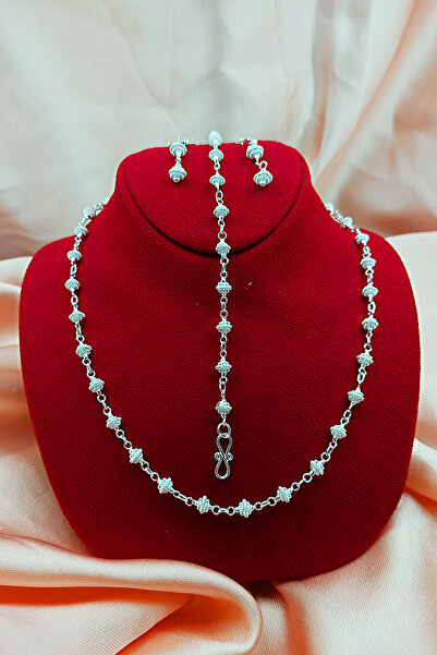 Güzel Gümüşçülük 925 Ayar Gümüş Mardin Midyat Telkari El İşi Top Model Kadın 3'lü Set&Takım