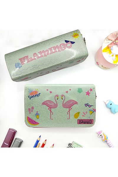 Limmy Μολυβοθήκη Glittery Sparkly Swan Flamingo Vegan Δερμάτινη θήκη για στυλό με τρία διαμερίσματα - Ροζ