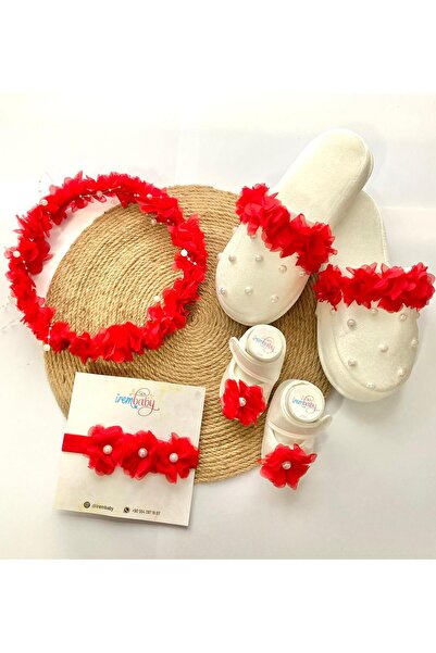 irembaby Anne Bebek Lohusa Seti Kırmızı İncili Çiçekli Lohusa Tacı Terliği ve...