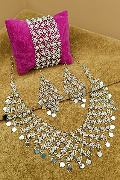 Güzel Gümüşçülük 925 Ayar Gümüş Mardin Midyat Telkari El İşi Kişniş Akıtma Model 5 Sıra Pullu Kadın 3'lü Set&Takım