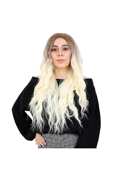 KONAK PERUK Platinum Ombreli Fiber Synthetic Long Water Wave Wig - Auburn