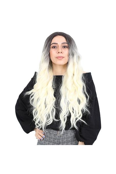KONAK PERUK Light Black / Platinum Ombreli Fiber Synthetic Long Water Wave Wig