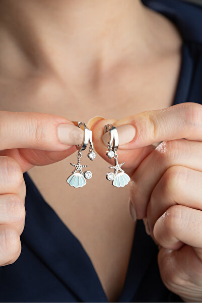Silvano Jewelry 925 Ayar Gümüş Çift Taşlı Deniz Kabuğu Küpe