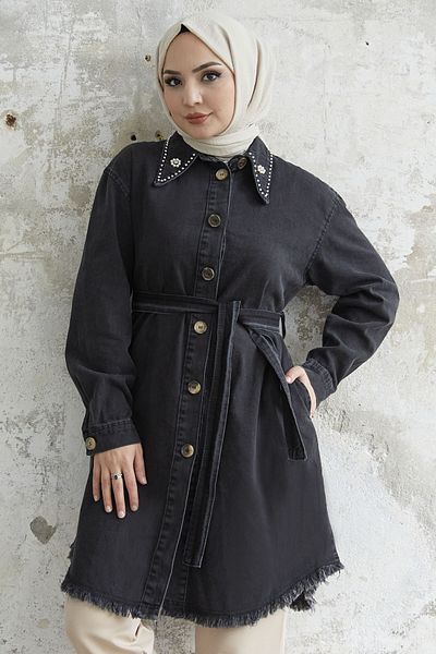 InStyle تونيك جينز بحزام مزين بشراشيب - أسود